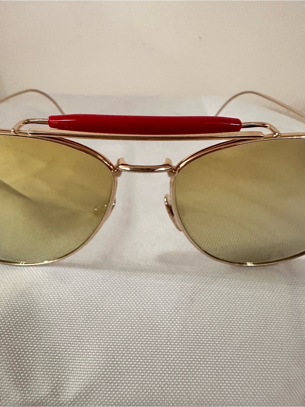 Thom Browne Gold Metal Sunglasses with Red Brow Bar and Yellow Lenses
